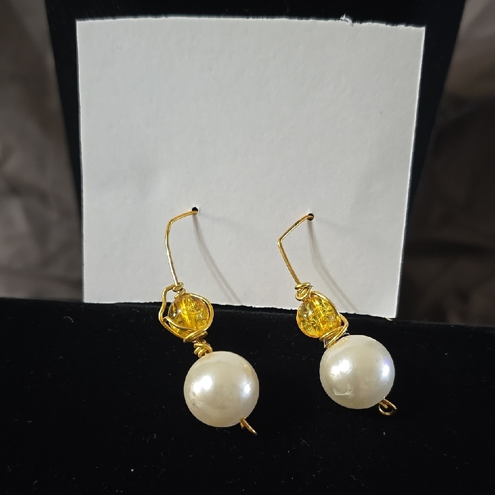 Gold and White Pearl Drop Earrings